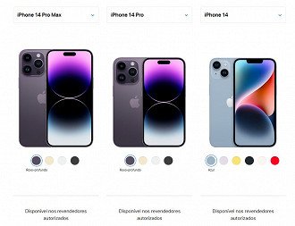 Página da Apple indica que produtos da linha iPhone 14 está disponível apenas nos revendedores autorizados. Imagem: Captura de tela